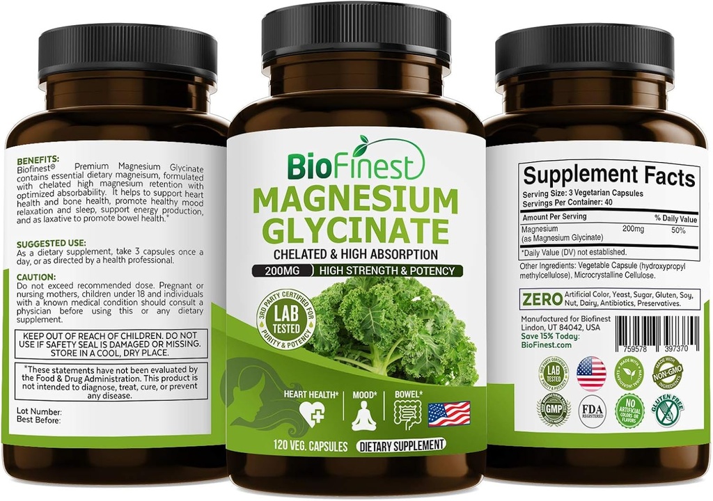 Biofiniest kelirani magnezij Glicinat 200mg dodatek - zdravo srce Bowel Gibanje imunske energije Presnova Mood Spanje - Izdelano v ZDA (120 kapsul)