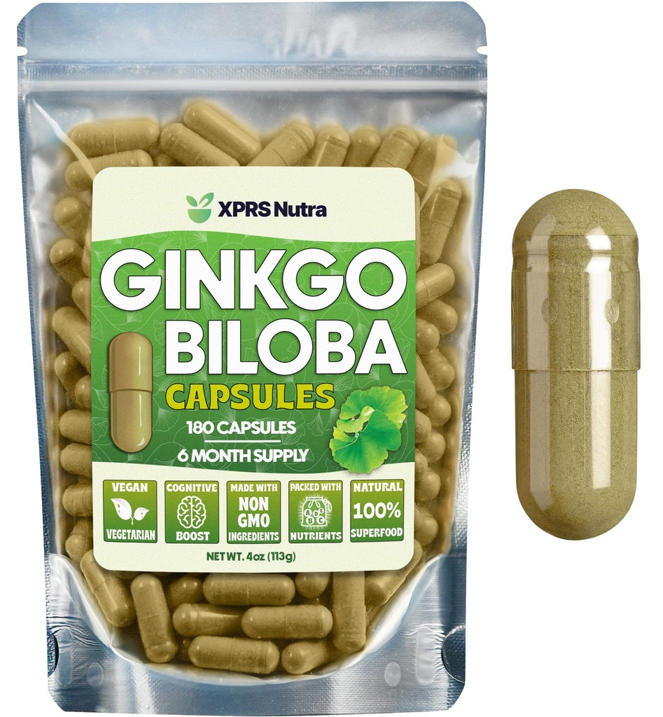 XPRS Nutra Ginkgo Biloba Kapsule - Gingko Biloba Inkapsulirani dodatki za kognicijo - Veganska prijazna Ginkoba Biloba - imuniteta povečanje Ginkgo Biloba Kapsule - 180 Število