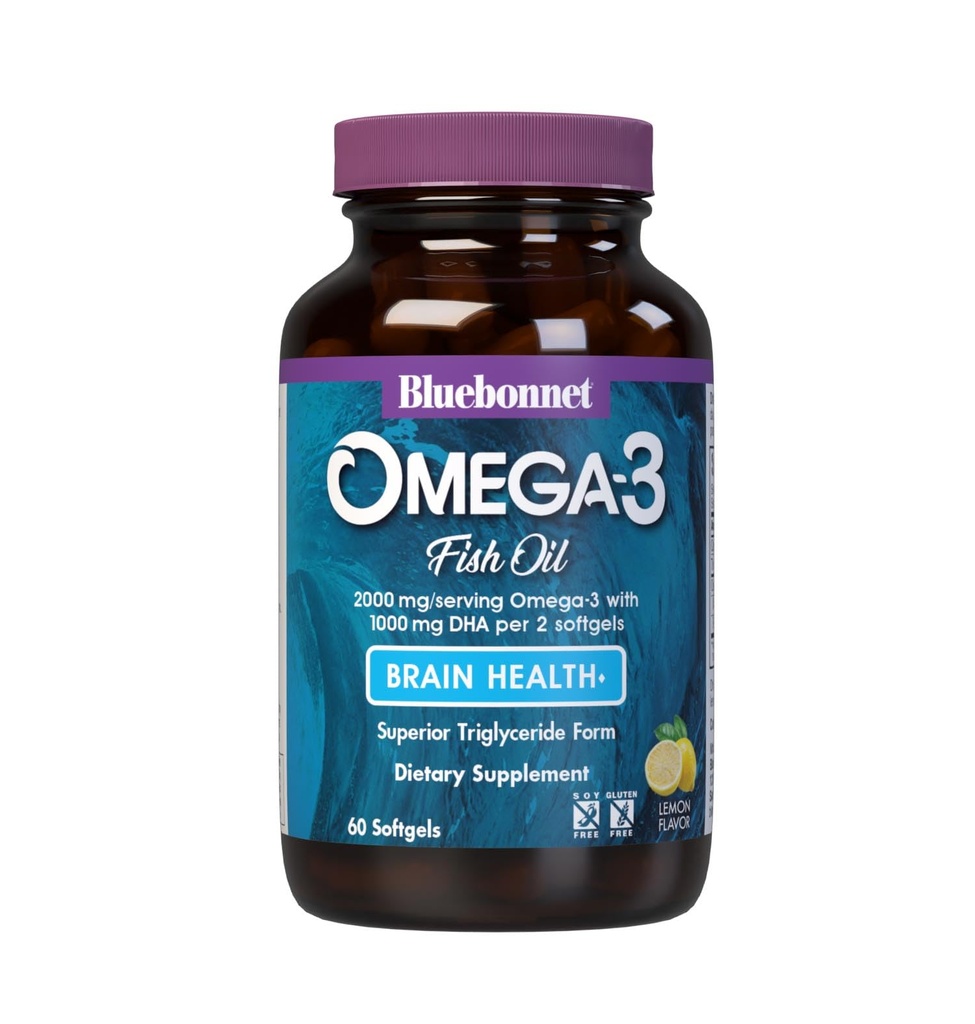 Bluebonnet Nutrition Omega-3 Brain Formula Natural Wild Caught Triglicerid Form DHA 860 mg EPA 120 mg - Visoko koncentrirano Kognitivno zdravje in wellness podpora dodatek - Gluten-free - 60 Softgels
