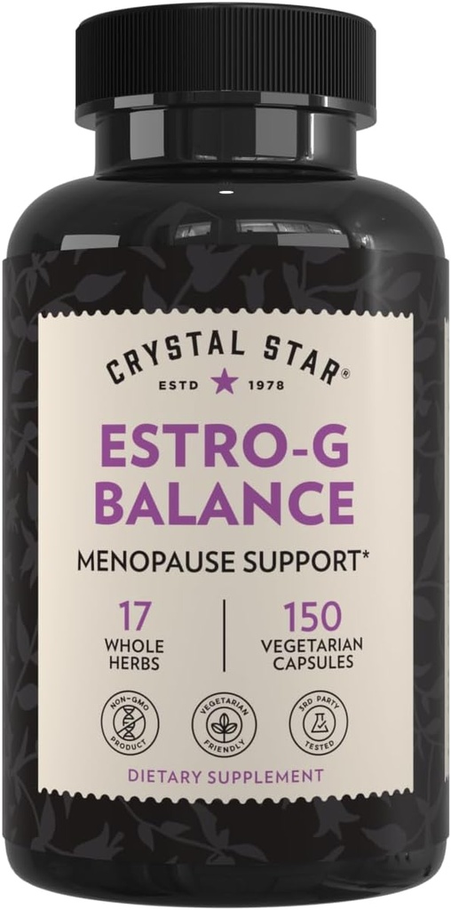 Crystal Star Estro G Balance Supplement (150 kapsul) – Zeliščni Menopause Podpora s črno Cohosh, Rehmannia, Damiana & Licorice – Vegetarian & Non-GMO