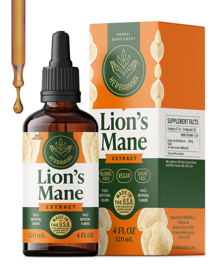 HERBAMA Lions Mane Tinkture - Vegan Focus & Nerve Podpora z levjim izvlečkom manskih gob - Hericium Erinaceus Brain Supplement - Non-GMO, Alkohol & Sugar-free - 84-dnevna oskrba