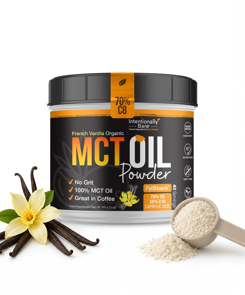 Namerno Bare MCT Oil Powder French Vanilla MCT Coffee Creamer - C8 MCT Oil Powder for Energy & Presnova - Ne Grit Keto Energija Mešanica Odlično pri peki, Shakes & Creamer for Coffee - 40 Ser