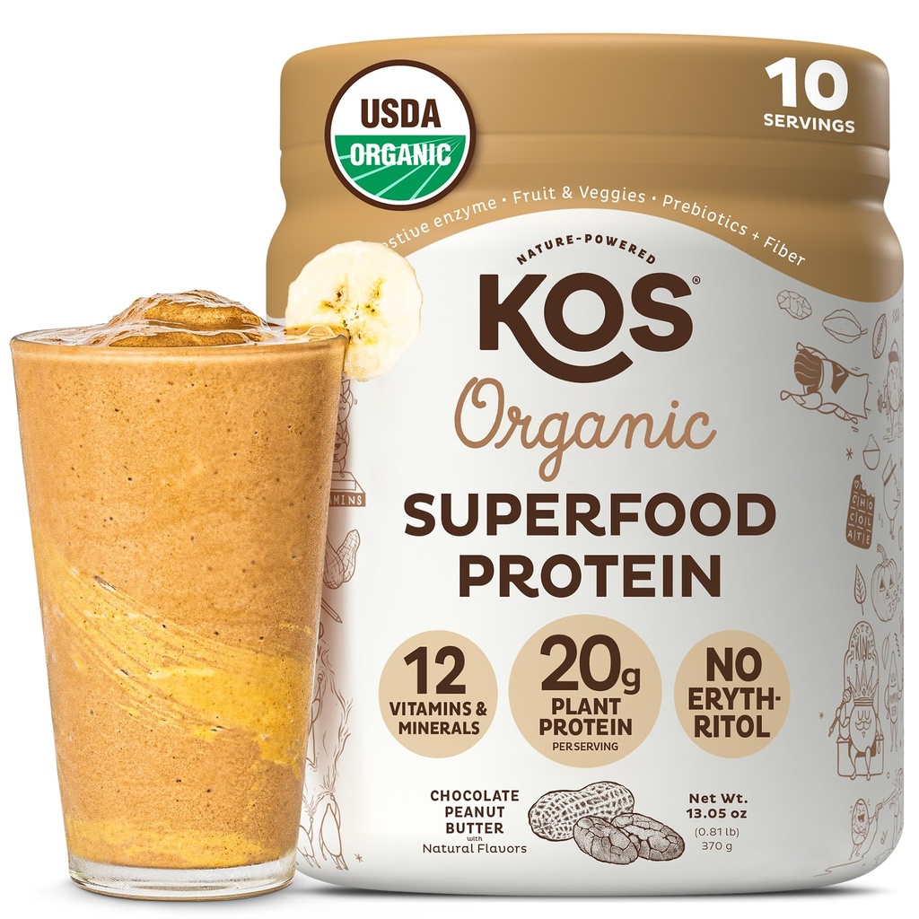 KOS Vegan Beljakovinski prašek, čokoladno arašidovo maslo - mešanica beljakovin z nizko vsebnostjo ogljikovih hidratov, USDA organska superhrana z vitamini in minerali - Keto, soja, mlečni izdelki - nadomestek za ženske in moške - 10 obrokov