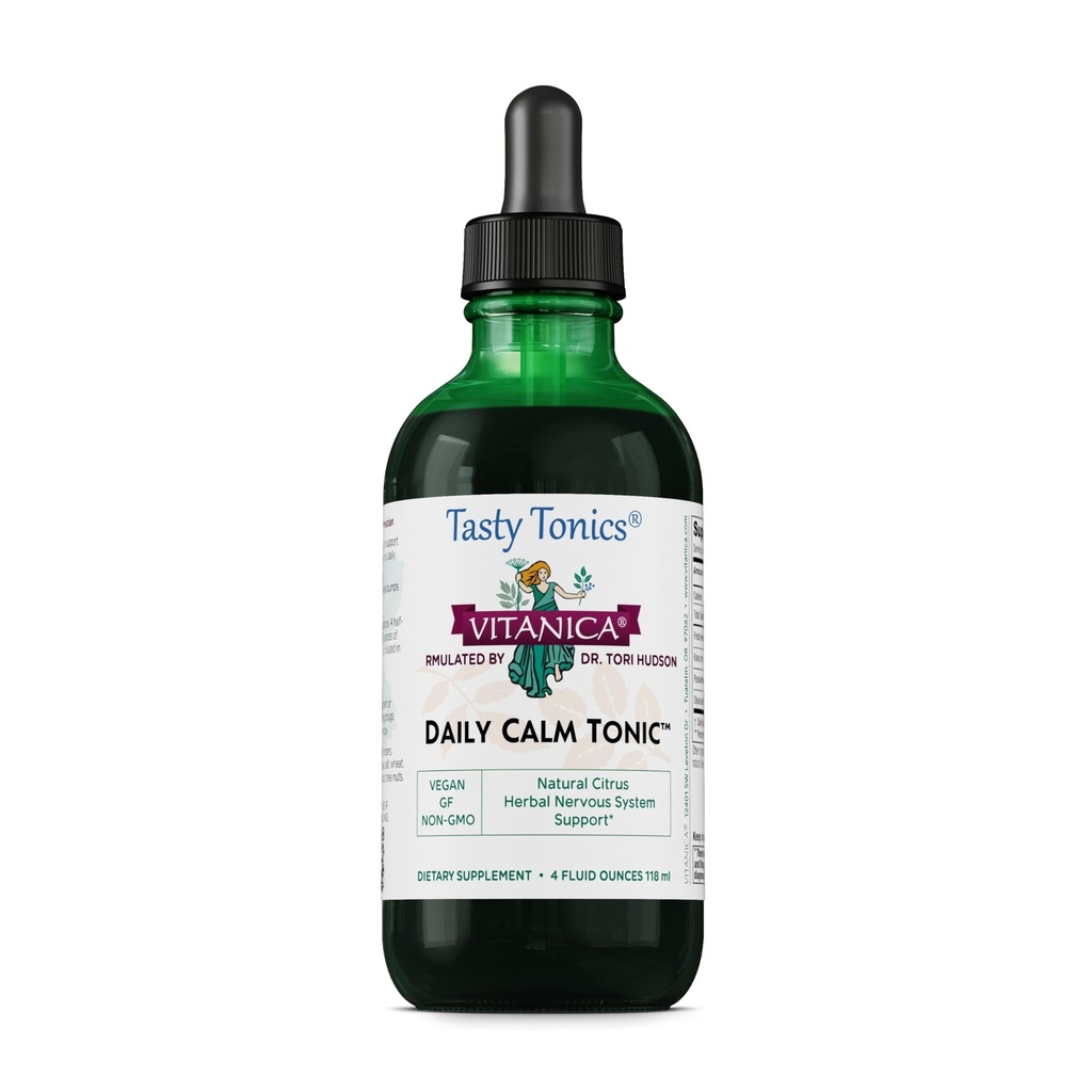 Vitanica Daily Calm Tonic, Natural Liquid Stress Relief Supplement, Dr. Formulirani, Ekološko limonin balzam, Kava Kava in Pasijon, za ženske, moške in odrasle, Vegan, 4 Ounce (Daily Calm Tonic)