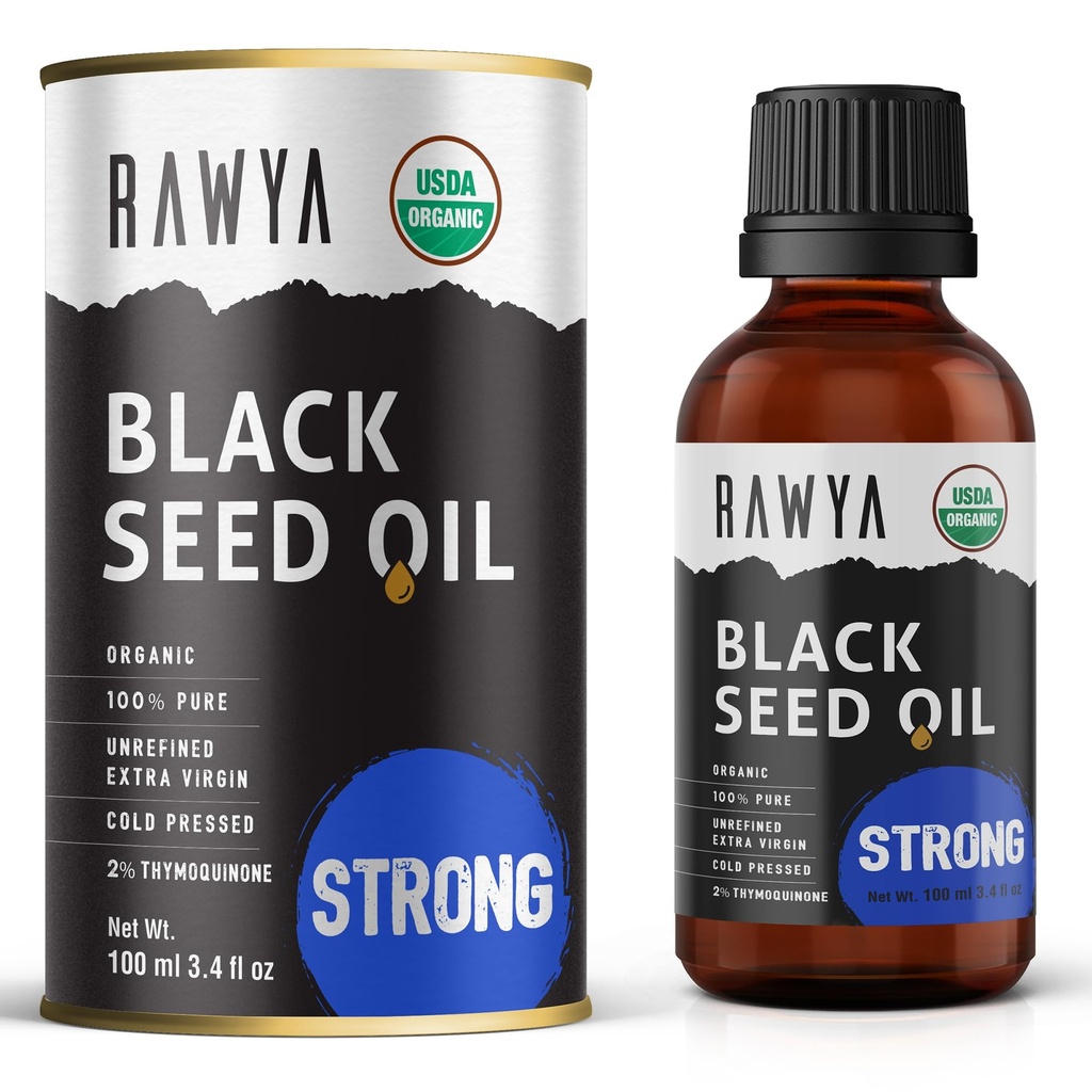 RAWYA črno seme olje - ekstra močan okus, visoko TQ, hladno stisnjen, steklena steklenica, Nigella Sativa olje, super za nego kože in las, črna kumina semena, Kalonji, 100% Certified Organic - 3.4 Fl Oz,