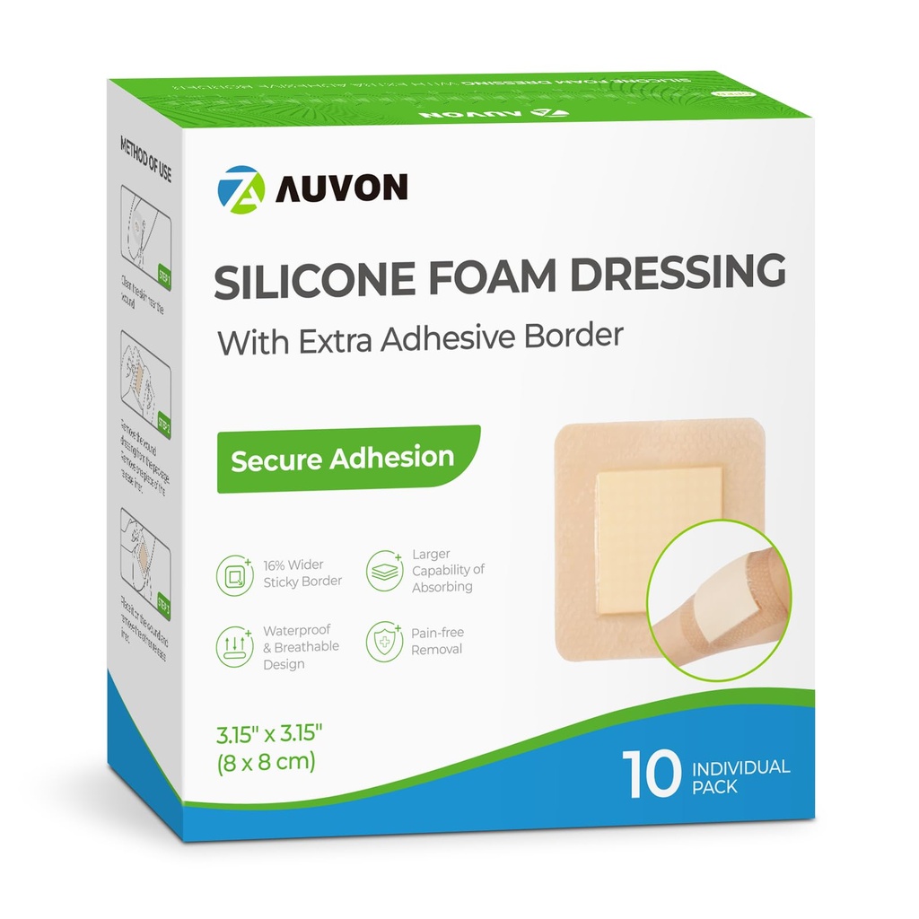 AUVON Silikonska pena Oblačenje z velikim adhezivnim robom, 3" x 3" 10 paketi Rane Oblačenje Bandaža z visoko absorbcijo, vodoodporne Silikonske pene Pads za nego in zaščito ran Plus Blazinjenje