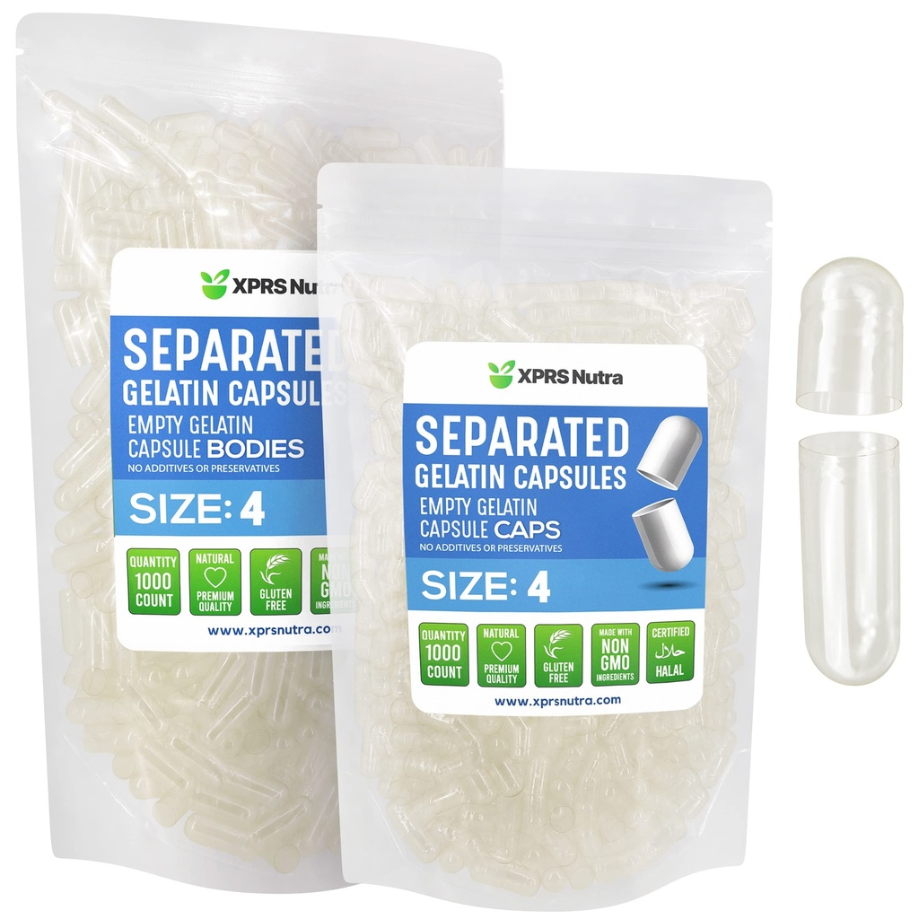 XPRS Nutra želatina Velikost 4 ločene kapsule - 1000 Štetje Prozorne majhne prazne kapsule Ločene v vrečah - DIY Polnilne tabletke - velikost 4 Gel Do-it-Your-Yourse Vitamin in dodatno polnjenje