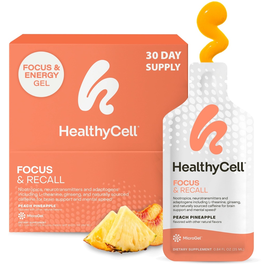 Healthycell Focus & Recoll, Dnevni tekoči možganski dodatek za fokus in spomin - Nootropics dodatek za koncentracijo in opozorilo z L-Theanine, Omega-3 in Taurine - 30 Gel paketi