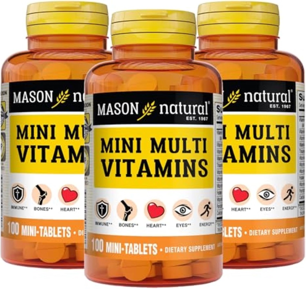 MASON NARAVNI Mini Multi Vitamini, Vitamini A, C, D3, E, B1, B2, B3, B6, B12, Folat in kalcij za splošno zdravje, 300 dnevna dobava