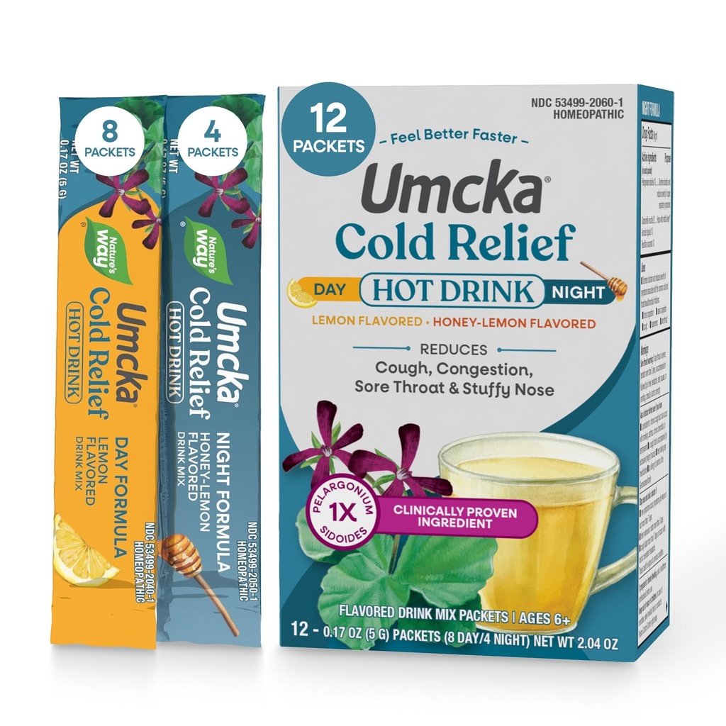 Naravne poti hladne Relief vroče pijače, Umcka, homeopatska, klinično dokazano Pelargonium Sidoides 1X, za kašelj, prezasedenost, vneto grlo, zamašen nos, dnevna & noč Formula, 12 paketov (Packating May Vary)