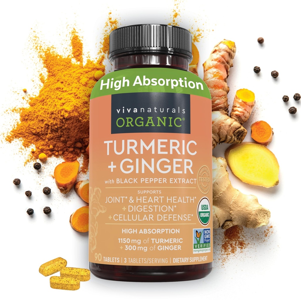 Viva Naturals Organic Kurkumi in ingver dodatki s črnim poprom ekstrakt za skupno podporo -1450 mg na Serving Tumer Ginger tablete s 150 mg kurkuminoidov standardizirano na 95%