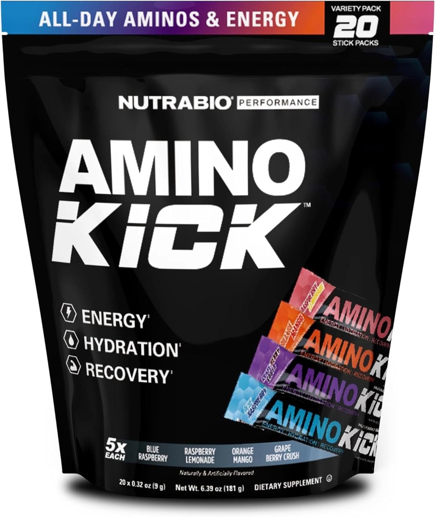 NutraBio – Amino Kick – Vse v enem uspešnosti Formula energije, Hidracija, Recovery 20 Servings, (Variety Pack) – 6g Aminokisline – Podpora izgradnjo mišic