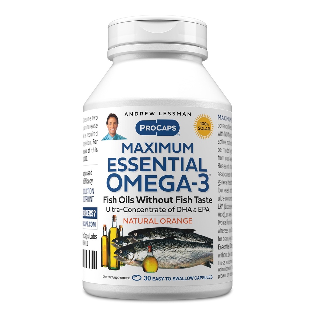 ANDREW LESSMAN Maxim Essential Omega-3 Orange - 30 Softgels - Ultra-Pure, Omega-3 Oils. Visoka DHA, brez želodčne vstaje, brez onesnaževalcev, brez živega srebra. Majhen, enostaven za požiranje softgels