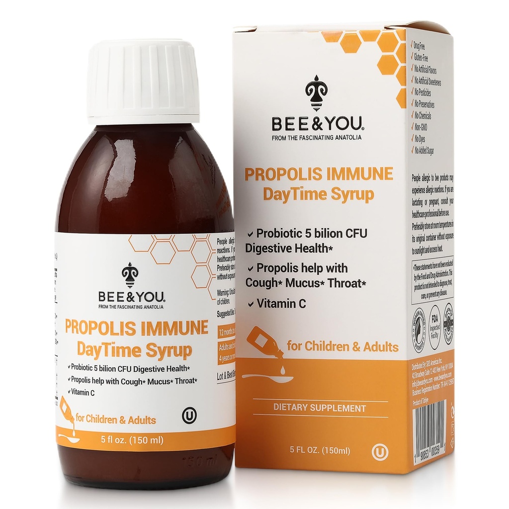 Čebela in vi Propolis Imunski dan Sirup s probiotiko, Vitamin C, Imunska podpora, Prebavno zdravje, Antioksidanti, Gut Health 5 Fl Oz