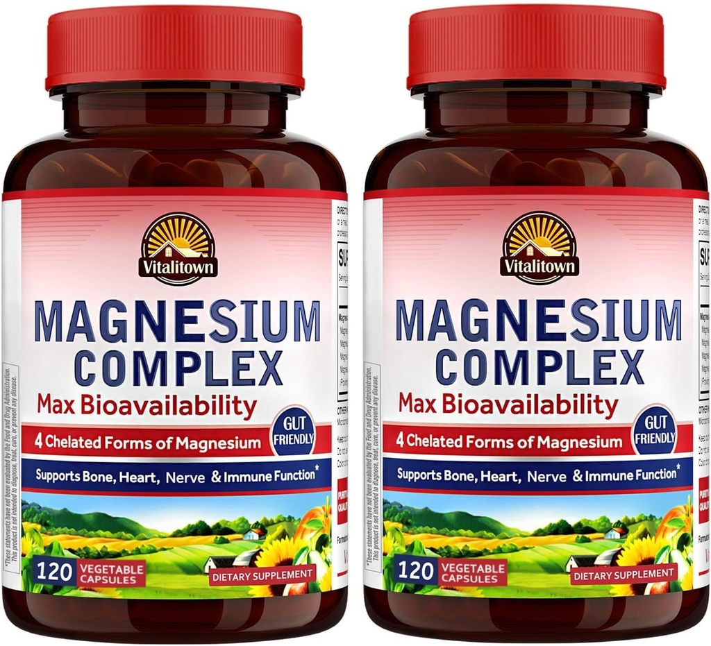 Vitalitown Magnezijev kompleks 2 pakiranji, 240 kapsul, NSF Certified Magnezijev Glicinat, Malate, Taurat & Citrat, kelirane oblike, visoka absorpcija, kosti, srce, spanje in prebavljanje