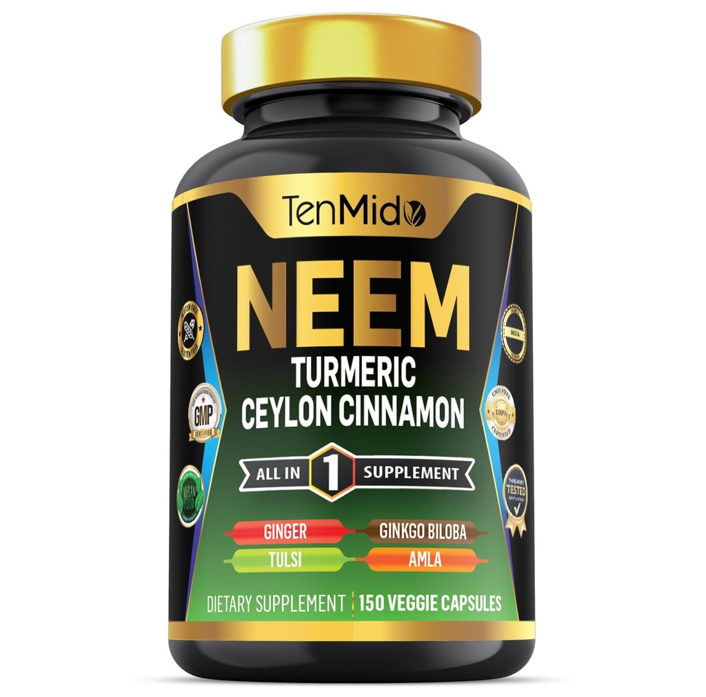 Neem Leaf Supplement - 8 v1 Formula - Združite s kurkuma, Ceylon Cinamon, Ginger, Tulsi, Ginkgo Biloba, Amla, in Black Pepper - Imunska zdravstvena podpora - 150 Veganske kapsule