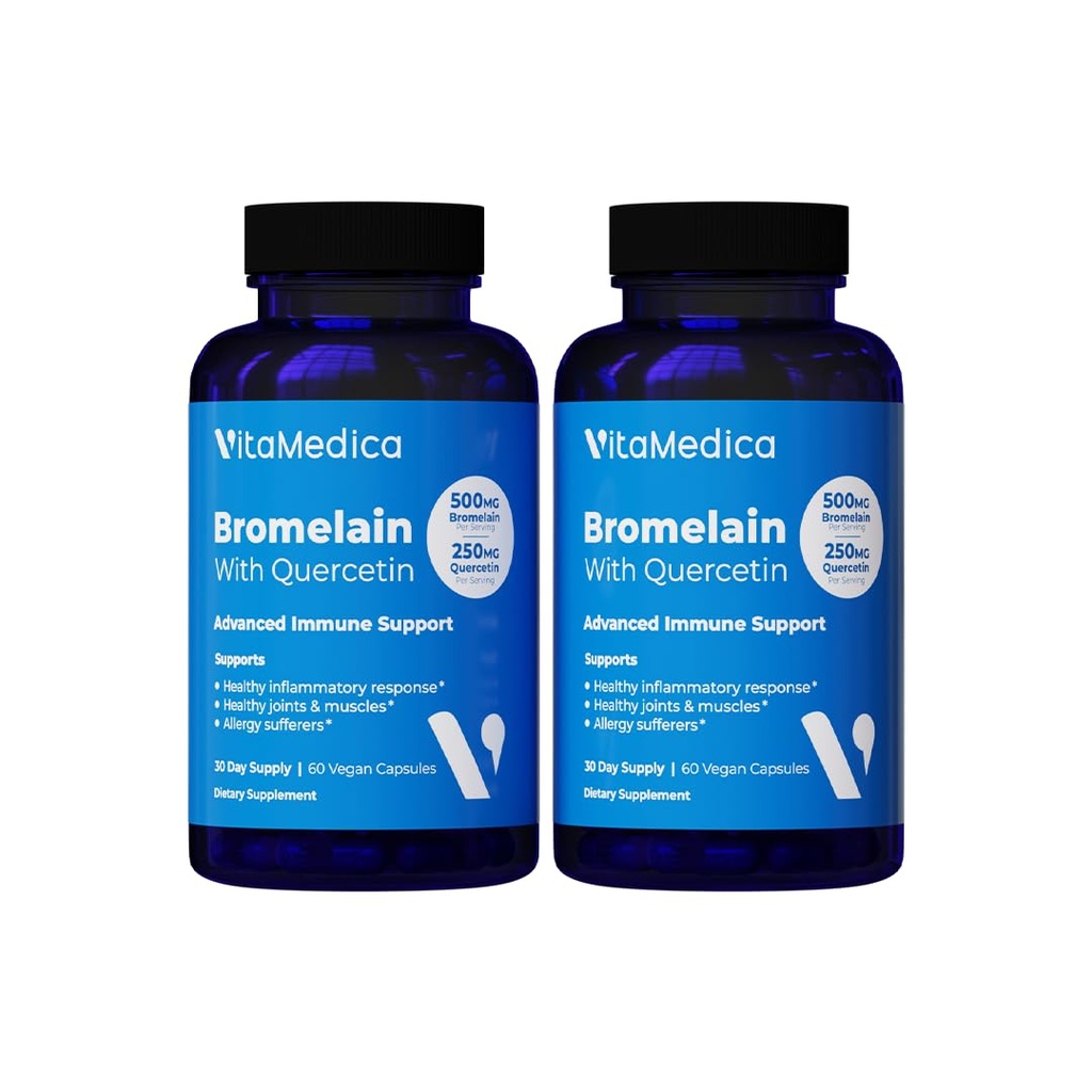 VitaMedica Bromelain & Quercetin dodatek - 500mg Bromelain 250mg Quercetin - 2400 GDU za imuniteto, skupno podporo, vnetje in okrevanje mišic - 60 veganskih kapsul - 30 serviranja (2 paketa)