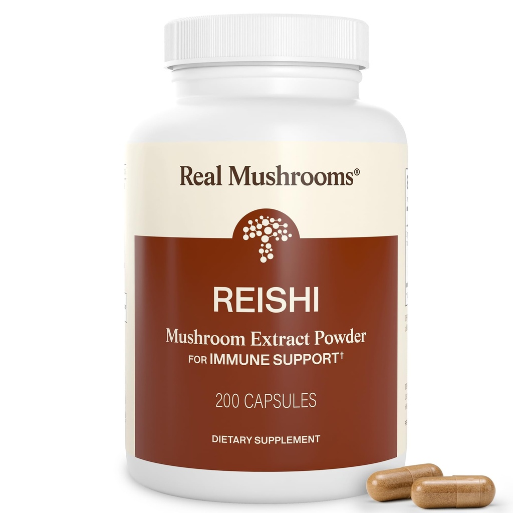 Real Mushrooms Reishi Mushroom Capsules - Handpicked Organic Mushroom Extracts - Red Reishi for Tranquil Daily Wellness with Verified Beta Glucans Vegan, Non-GMO, No Grain Fillers, 200 ct