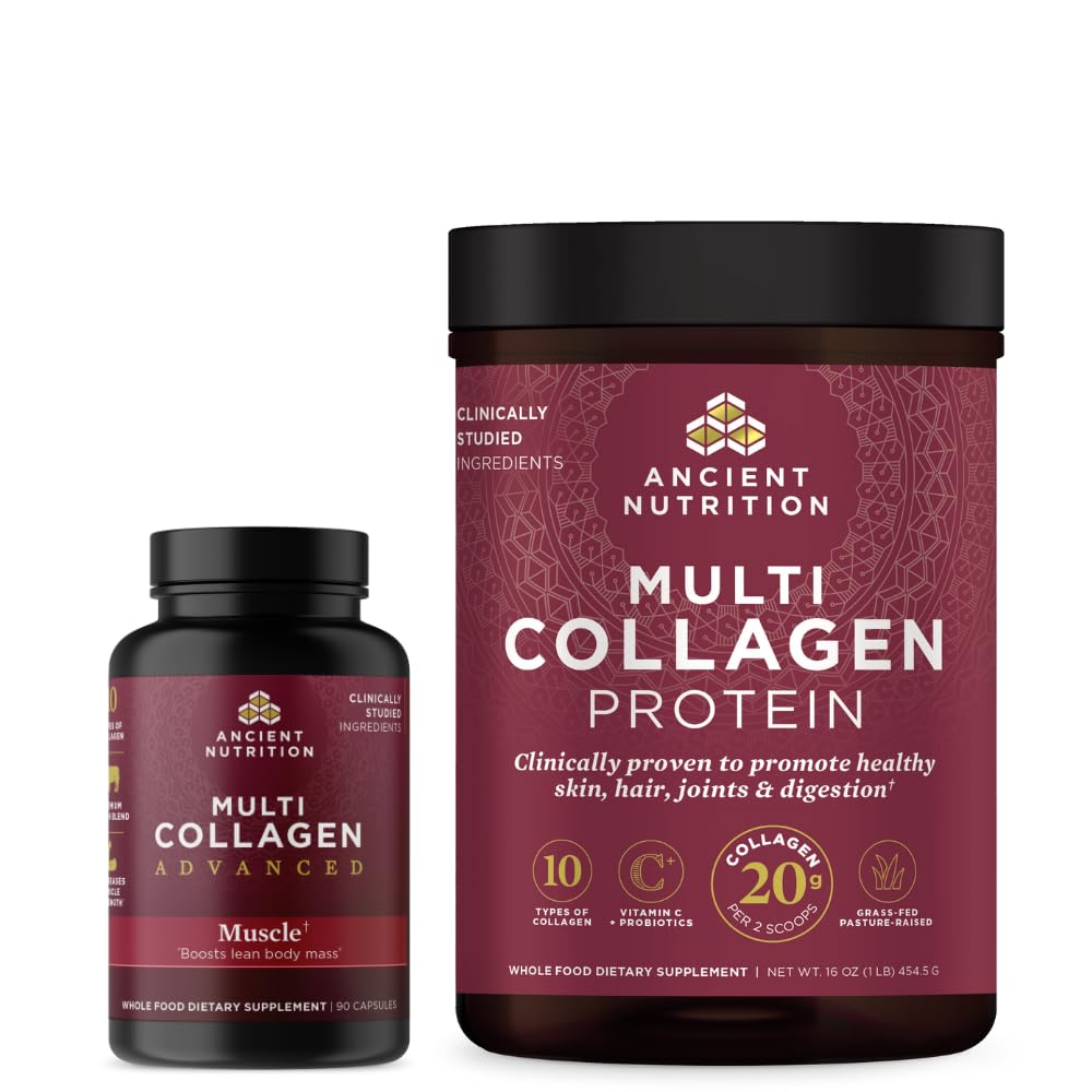 Ancient Nutrition Multi colagen Napredne kapsule, mišice, 90 Count + Multi colagen Protein Powder, nearomatizirano, 45 Serving