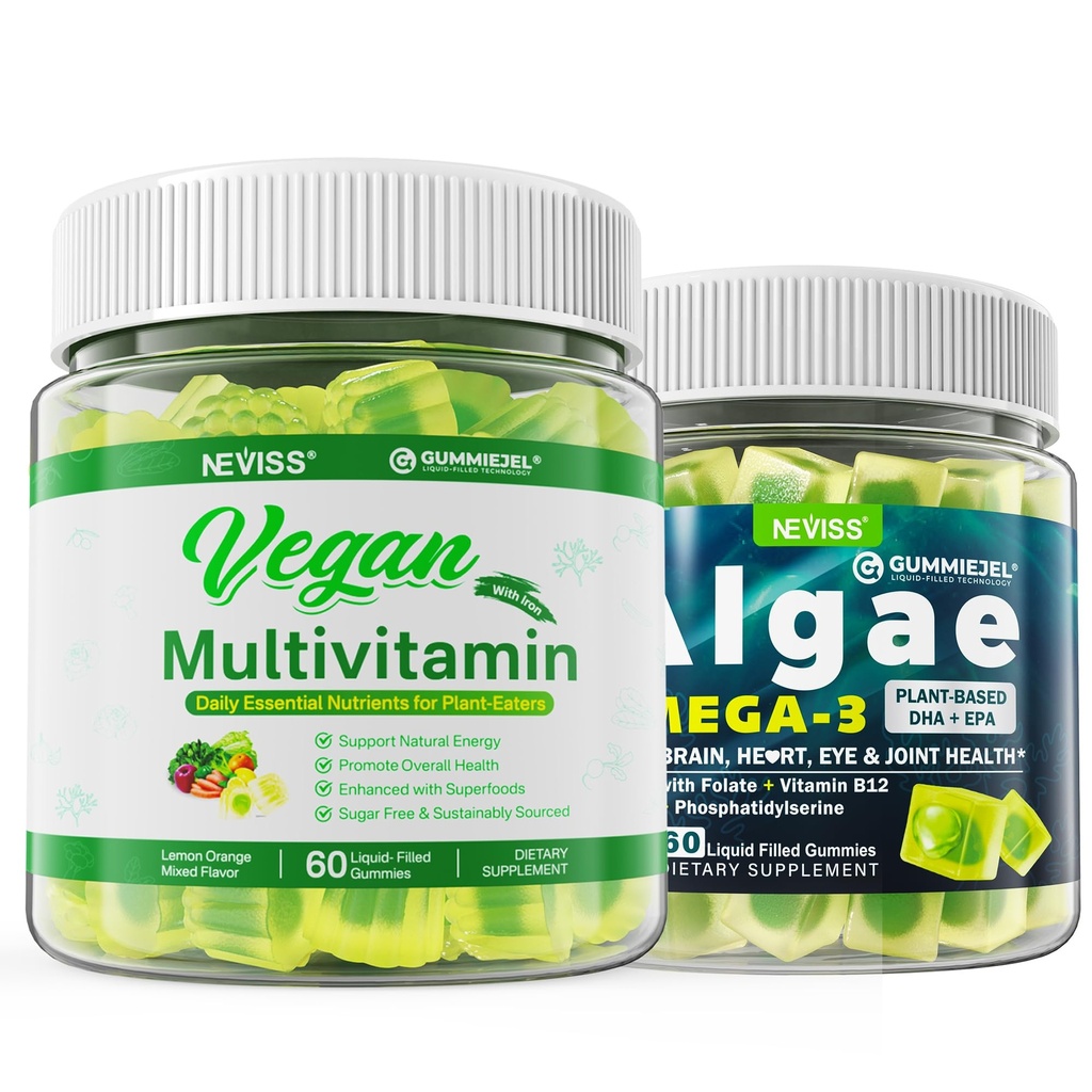 Vegan Omega 3 Gumies 1000mg z veganom multivitamin za ženske z železom, vitamin B12, A, D3, K2, Algae Omega 3, magnezij, cink