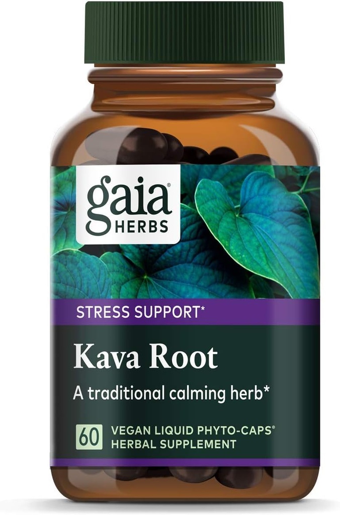 Gaia Herbs Kava Root, Veganske tekoče kapsule, 60 Count - podpira čustveno ravnovesje, pomiritev in sprostitev, Zajamčena Potenca 75mg Aktivni Kavalaktoni