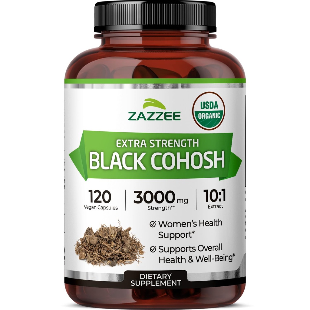 Zazzee USDA Organic Black Cohosh 10:1 Extract, 3000 mg Jakost, 120 Veganske kapsule, 4 Mesec dobave, standardizirani in koncentrirani 10X ekstrakt, 100% vegetarijanski, vse naravne, ne-GMO, Izdelano v ZDA