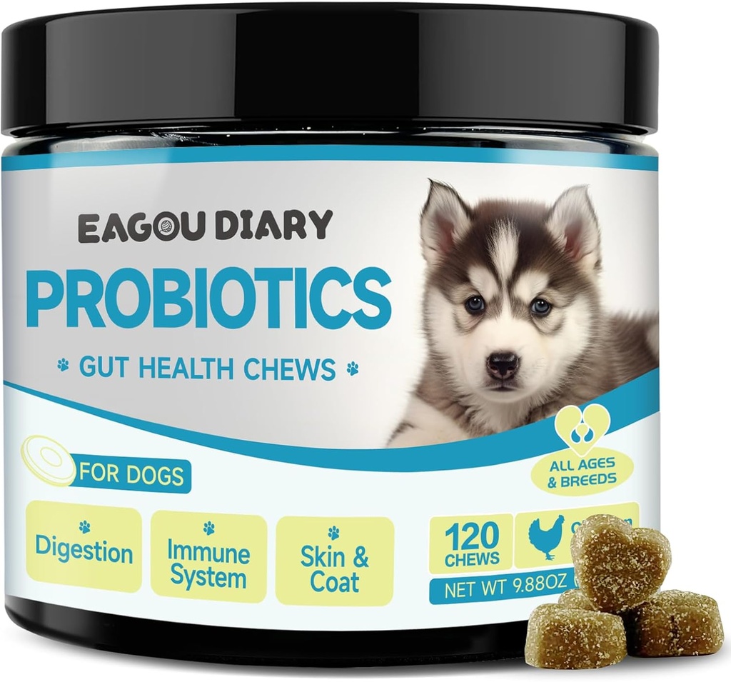 Eagou Diary probiotiki za pse - pasji probiotiki za digestivno zdravje, Gut Health dopolnila s prebiotiki, kozje mleko, Omega 3, Vitamini, Žvečilke za pasje diareje, Želodec, Plin Relief - 120 Ct