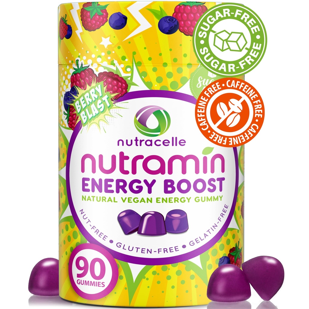 NUTRAMIN Energy Boost Vitamin Gummy - Skip The Coffee & Boost Vaša energija, Kofein-free, Sugar-free, Vegan, B12, Zeleni čaj, Ashwagandha, Garcinia Cambogia, Raspberry Adaptogen - 90 ct