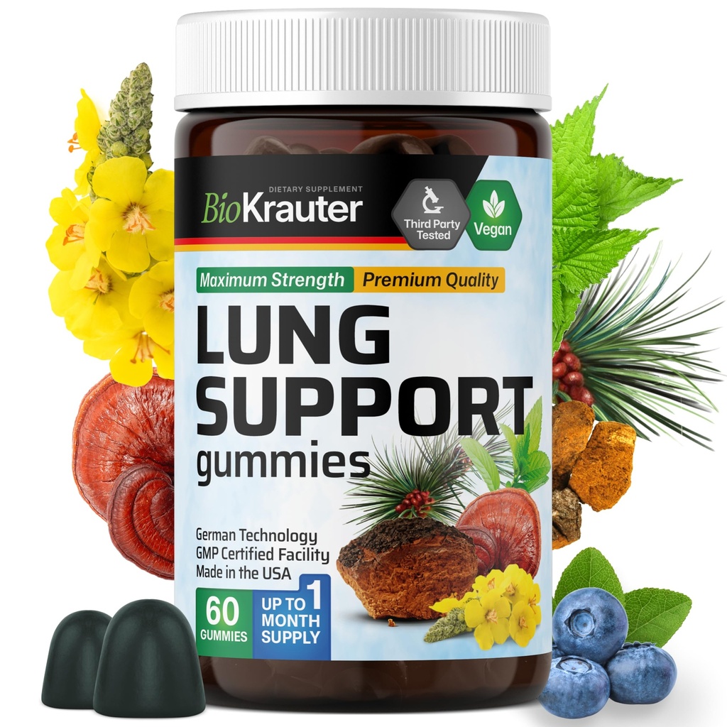 BIO KRAUTER Lung Detox Gumies - 60 Veganski žvečilniki - Lung Cleanse dodatek w/vitamin C & Mullein Listna mešanica - Dihalna podpora