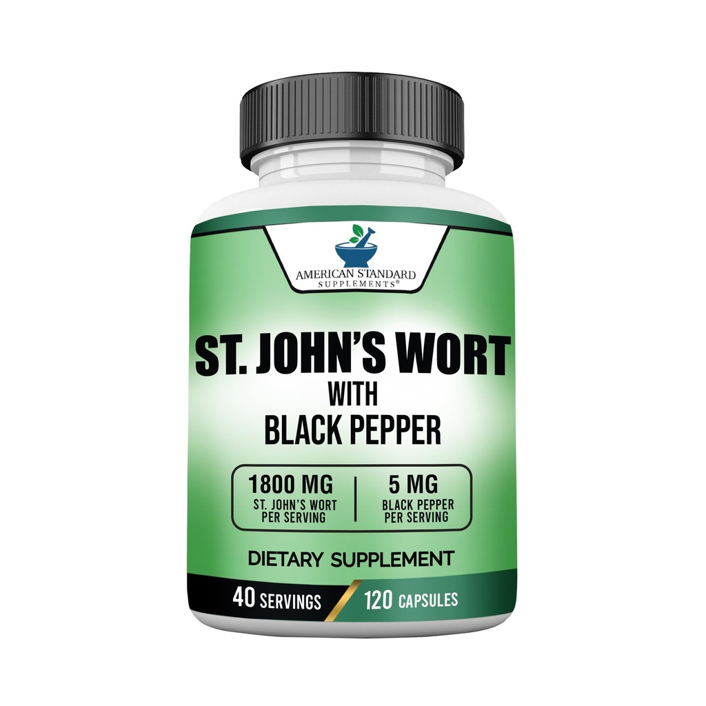 Ameriški standardni dodatki St. John’s Wort 1800mg na postrežbo z izvlečkom črnega paprika - Vegan, Gluten prost, ne-GMO, 120 Kapsule, 40 Servingov
