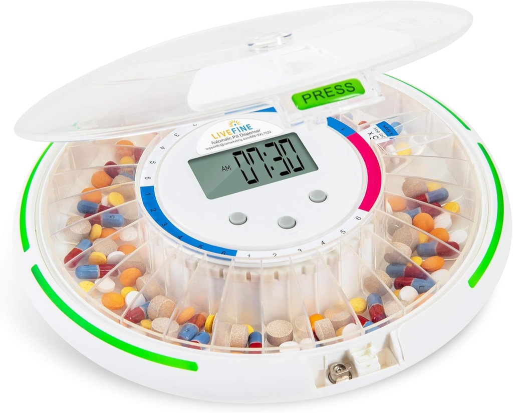 Live Fine Automatic Pill Dispenser z 28-dnevno elektronsko zdravilo Organizator, 6 Predloge za odmerjanje, enostavno branje LCD zaslon, Zvok & Svetlobna opozorila in ključ za recepte, vitamine, dodatki in več