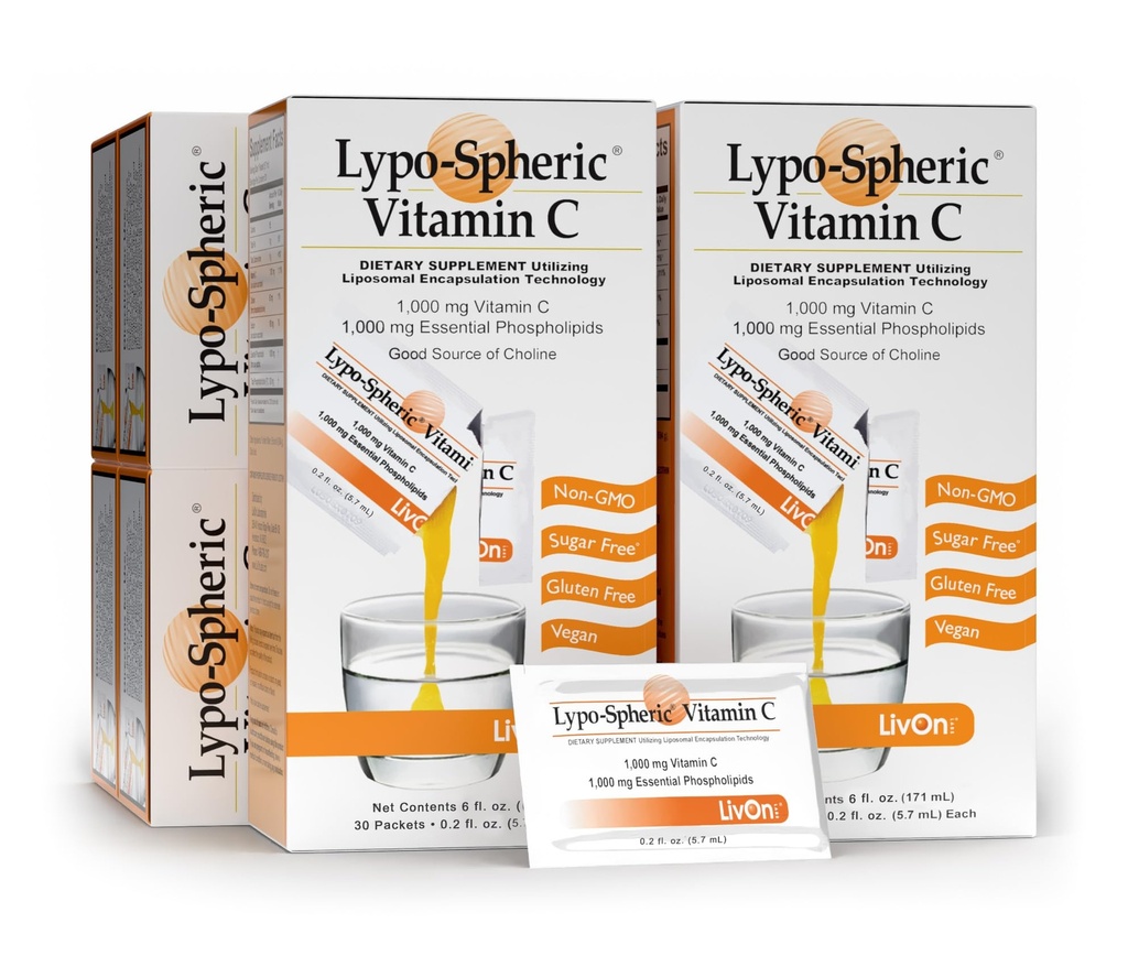 Livon Laboratories Lypo-Sferic Vitamin C – 6 Škatle (180 paketov) – 1.000 mg Vitamin C & 1.000 mg Esencialni fosfolipidi na embalažo – liposom, ki se uporablja za izboljšanje absorpcije – 100% ne-GMO