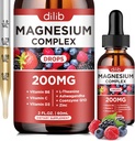 Triple Magnezij kompleks dopolnilo, Magnezij Glicinat, treonat, Citrat tekoče kapljice 200mg z Ashwagandha, CoQ10, Vitamin B6, C, D, cink - Vegan Mix Berry Flavor
