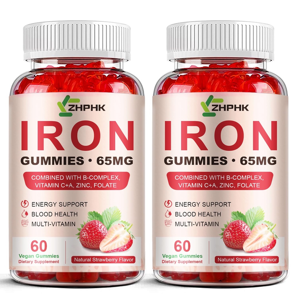 Iron Supplement Gumies za ženske, moške in otroke, 65mg Iron & 250mg Vitamin C na strežbo - Zdrava kri, energetika in Imunska podpora Iron Vitamin Gummy s Folate, 2 Pack