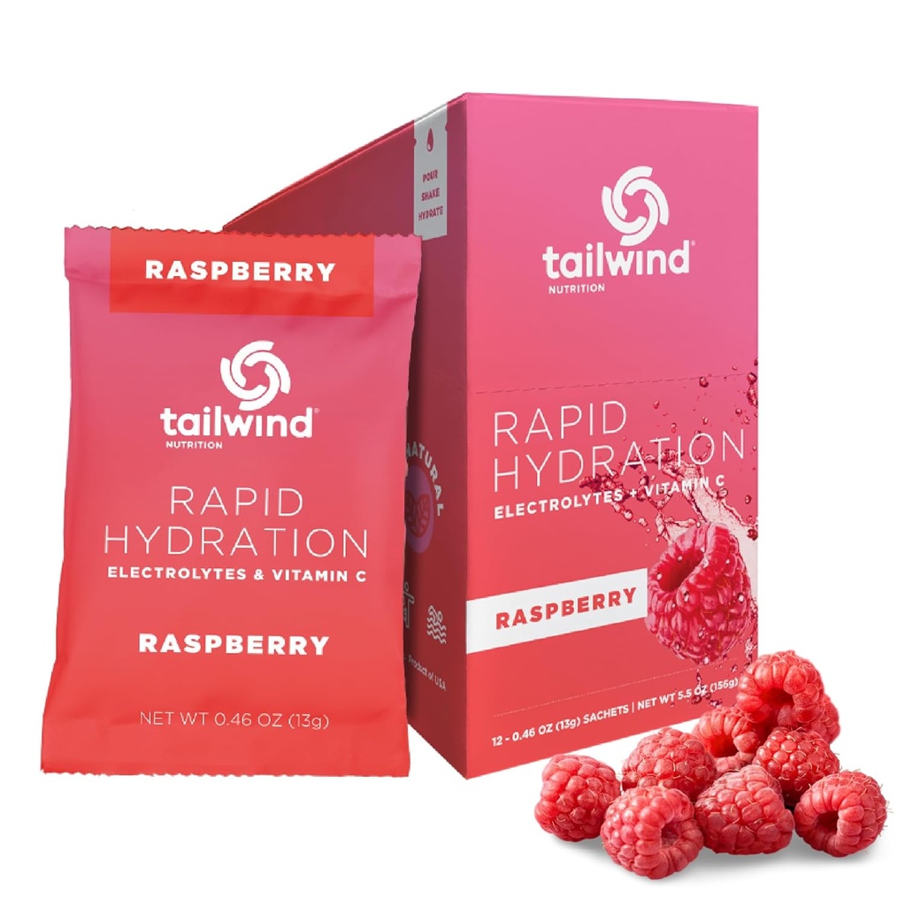 Tailwind Nutrition Hitra hidracija, Elektrolit & Hidracija v prahu, Vitamin C & Morska sol Vadbena mešanica, Raspberry, Paket 12 palic