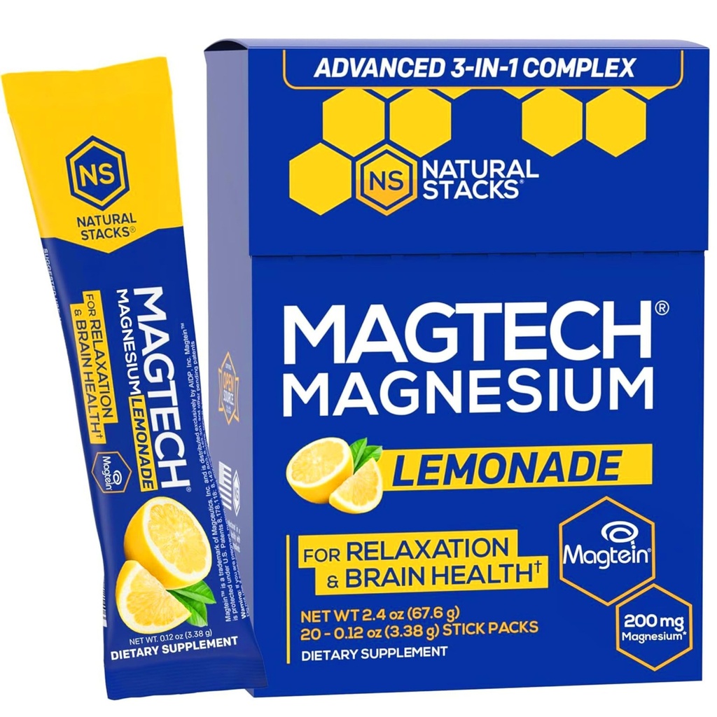 Mešanica Magtech Magnezij Drink - Limonada brez sladkorja - 3 oblike magnezija: Magtein L-treonat, Glycinate & Taurate - 200mg Chellated Magnezij Complex - Podpora Relaxation & Brain Health - 20 Servinges