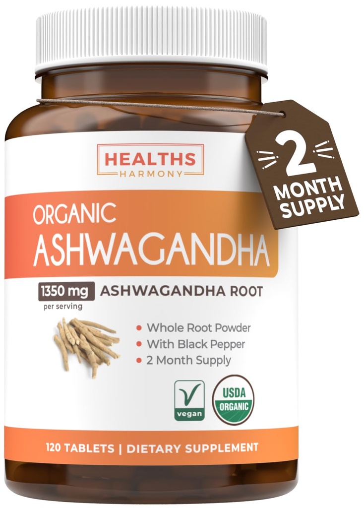 USDA Ekološka Ashwagandha dodatek - Visoke jakosti Ashwagandha tablete narejene z organsko črno papriko za izboljšano absorpcijo - Veganski ne-GMO izdelan v ZDA & laboratorij preveri (2 mesecev dobave)