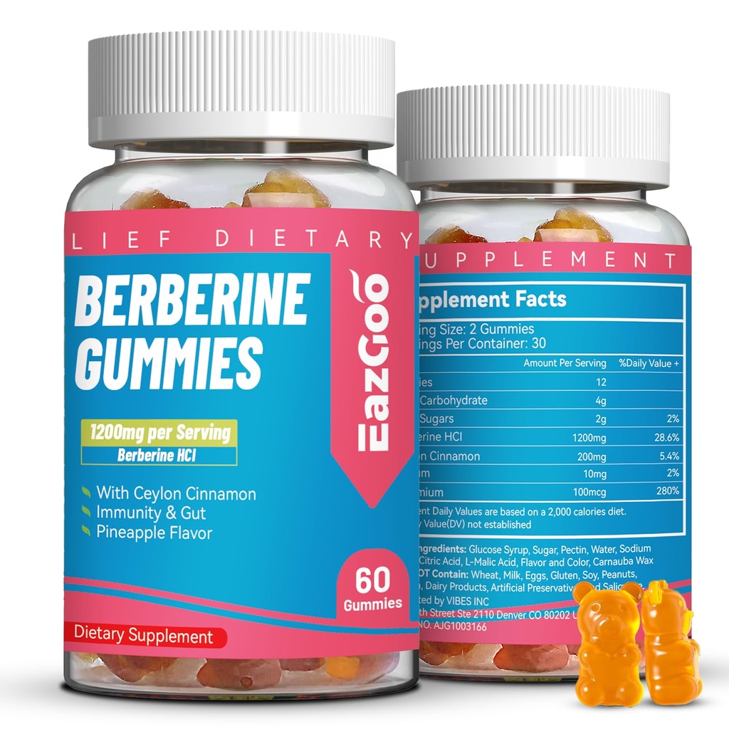 Berberine Gumies s Ceylon Cinamon,1200mg Berberine HCI dodatek za metabolizem in energetsko podporo, Vegan, Non-GMO in Gelatin-Free - 60 Count