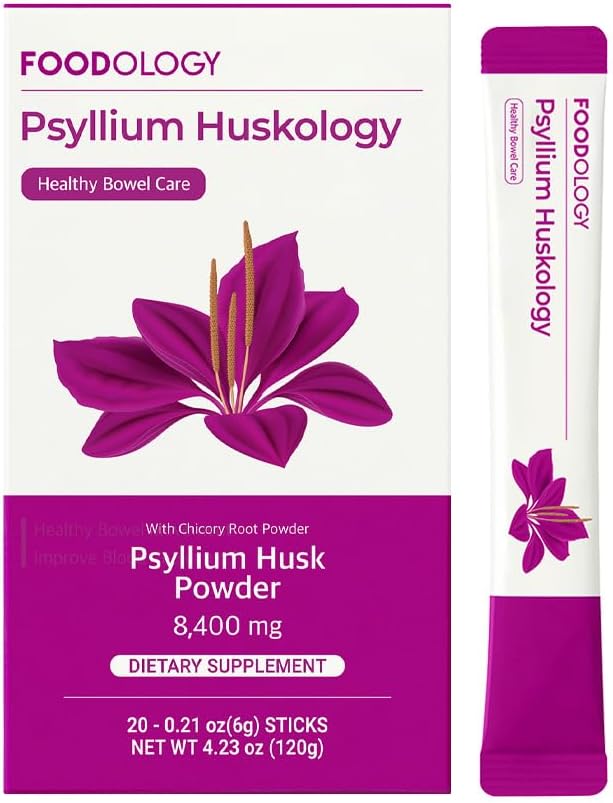 FOODOLOGY Psyllium Huskology (20 Sticks, 10 Days) - Herbal Psyllium Husk Dopolnilo za zaprtje Relief, Gut Health. Rastlinsko-na osnovi dietne vlaknine, Največja moč 7.200mg.