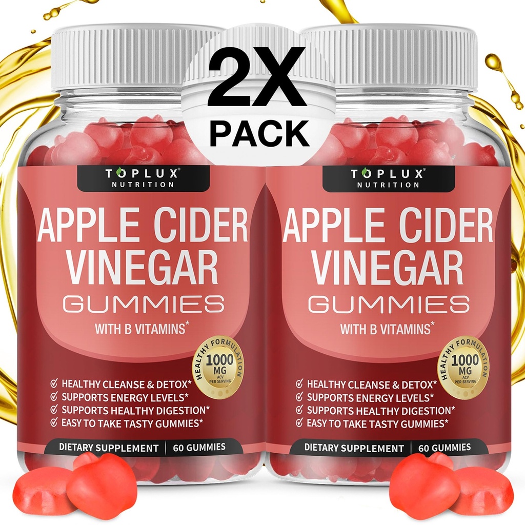 Toplux Apple Cider Vinegar Gummies - 1000mg ACV z B12, Beet Root, Pomegranat za imunski sistem, Detox & Cleanse, Gummy Alternative za Apple Cider Vinegar kapsule, za moške ženske 2X pakiranje