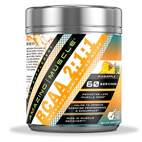 Amazing Muscle BCAA 2:1:1 Branched Chain Amino Acids Supplement | 6000 Mg Per Serving | Pineapple Flavor | 60 Servings