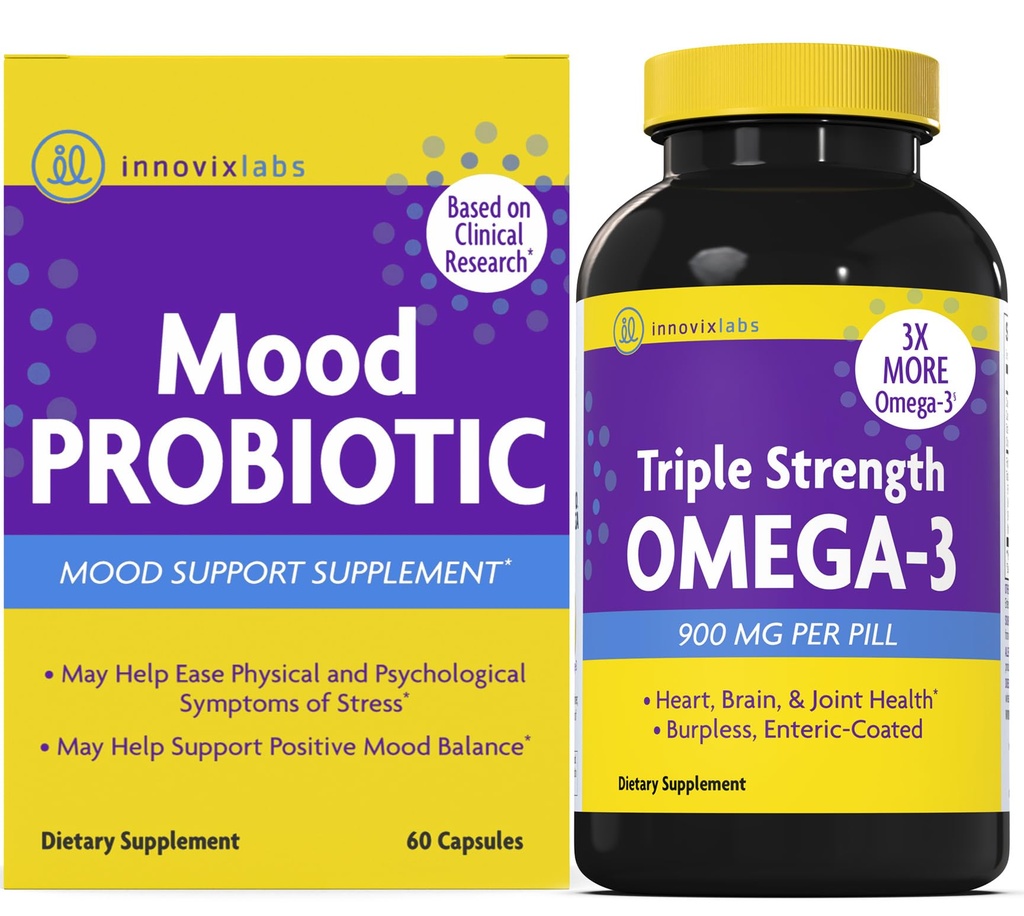 InnovixLabs Mood Probiotic & Triple Omega Bundle Mood Probiotic (60 kapsul) Trojna moč Omega-3 ribje olje (200 Softgel). Podpira zdravje možganov, sklepov in imunskega sistema