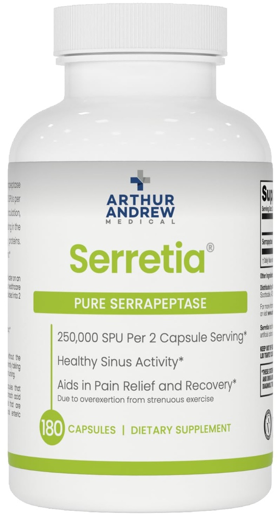 Arthur Andrew Medical, Serretia, Serrapeptase Formula za podporo mišicam in sinusu, 180 kapsul