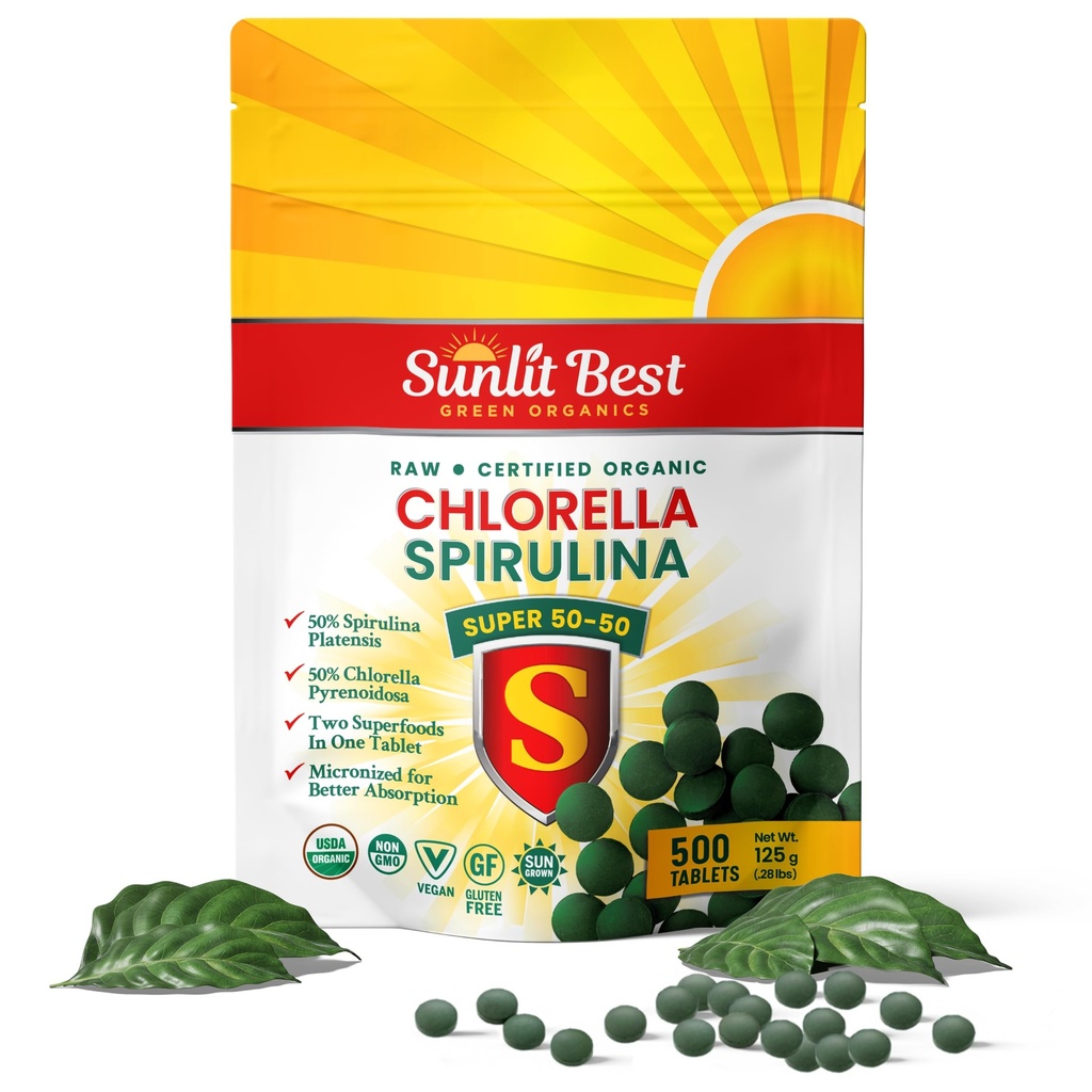 Sunlit Super 50/50 Organic Chlorella Spirulina tablete - Super dodatek za imuno podporo, Gut Health, Mood & Energy - bogata s klorofilom, aminokisline in Veganski proteini, 500 Superfood Tabs