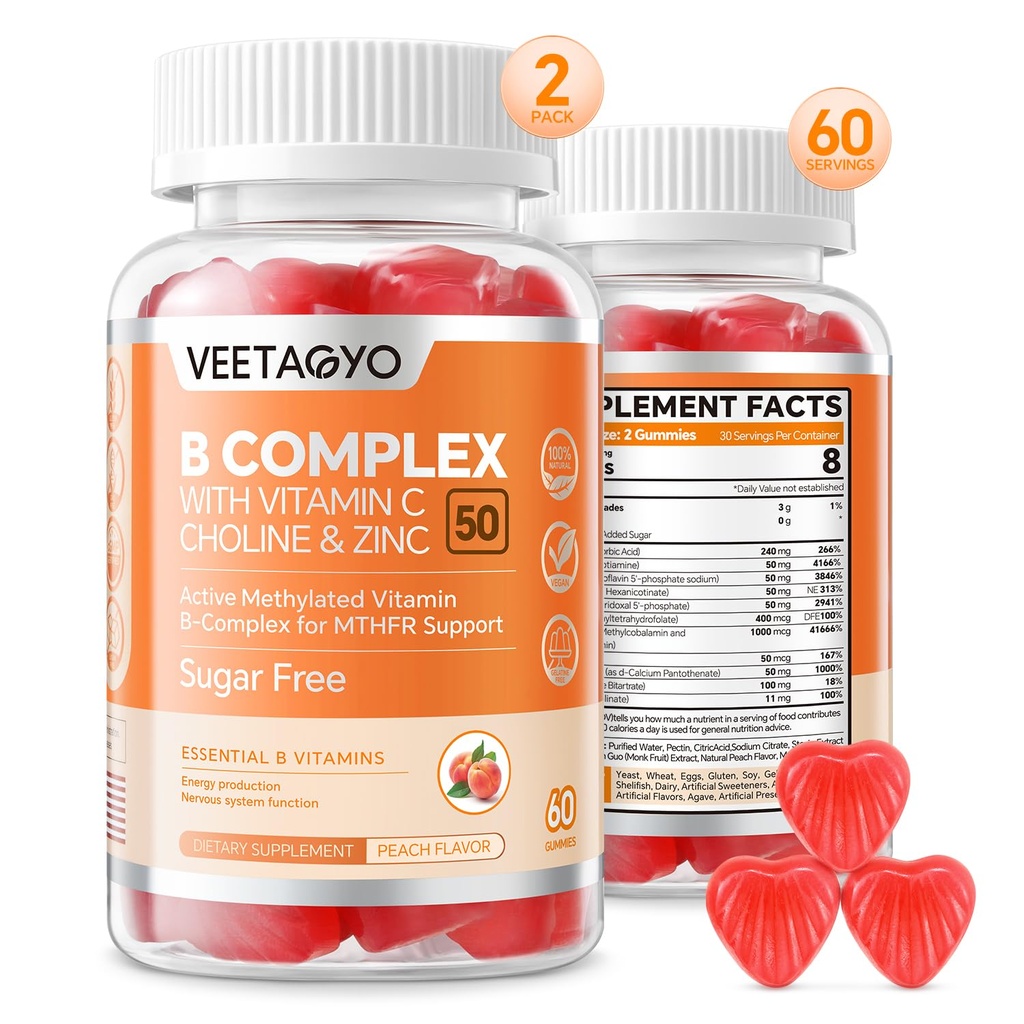 B Complex 50 Gumies ,Metilated B Complex z vitaminom C,Cholin & Cink - Active Metilirana B-Complex za energijo,Metilated Podpora - Vsi vitamini B - B1,B2,B3,B5,B6,B7,B9,B12 - Sladkor brez,120 Count