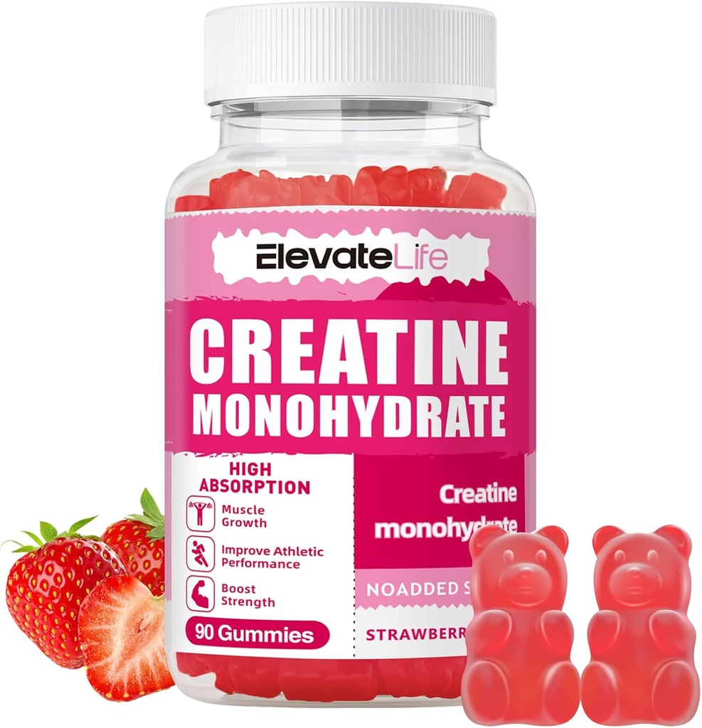 ElevateLife Kreatin Monohidrat Gumiji 5000mg za moške in ženske, Žvečilni Kreatin Monohidrat za mišično moč, mišice Graditelj, Energy Boost, Predworkout dodatek(90 Štetje)-Jagode