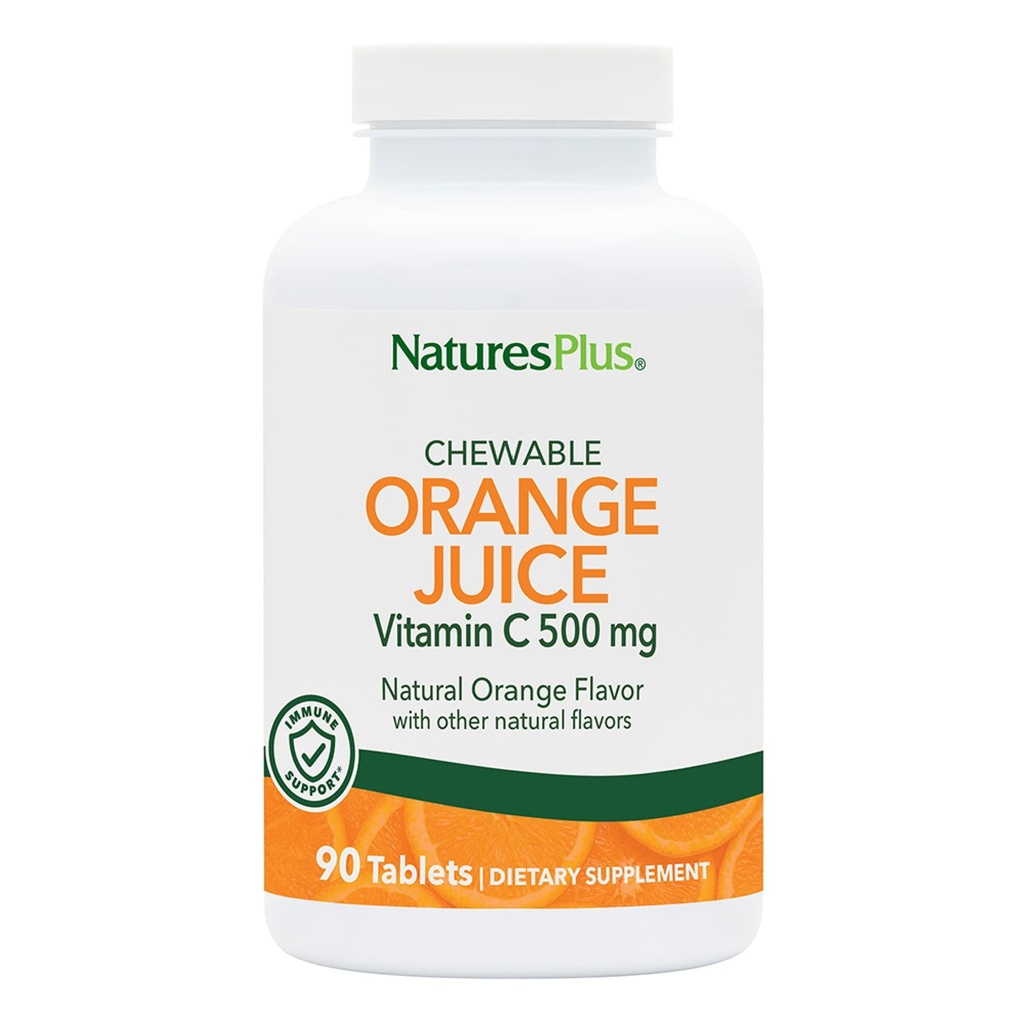 Nature Plus Orange Juice Žvečljivi vitamin C - 500 mg, 90 Tablete - Visoka jakost Imunska in Vaskularna zdravstvena podpora dodatek, Antioksidant - Nežen na želodcu - Vegetarian, Gluten-free - 90 Serving