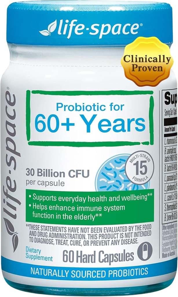 Life-Space Probiotic za 60+ let, Podpira črevesno imuniteto in zdravje, Vitalnost prebavil, Bifidobacterium lactis, 30 milijard CFU, več sevi - 60 kapsul