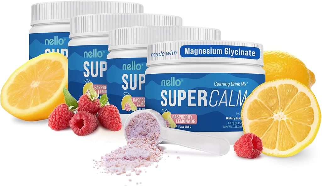 Nello Supercalm Drink Mix - Ashwagandha KSM 66, Magnezijev Glicinat, L-Theanin, Vitamin D3 - Izvleček korena Ashwagandha, Magnezij & L-Theanine dodatek - 30 Servinges - 4 Pack