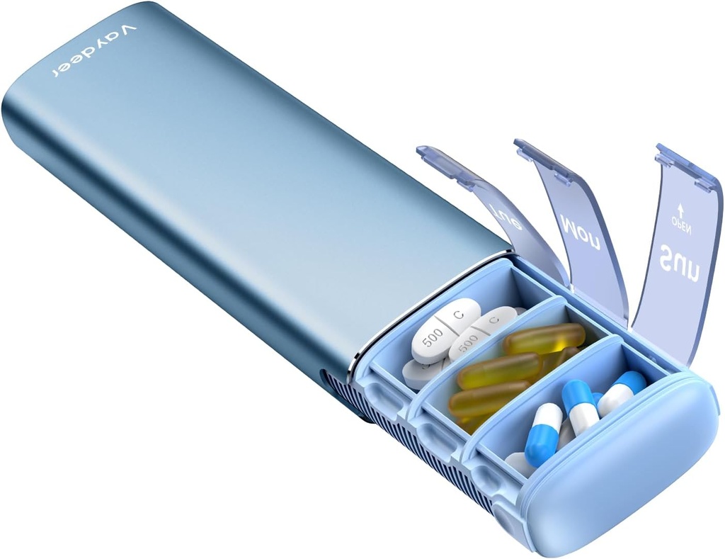 Vaydeer Metal Travel Organizer, 7 Day Weekly Pill Box, Velika zmogljivost dnevno srčkan tablete primeru za dodatke, tablete, vitamini in zdravila (majhna, modra)